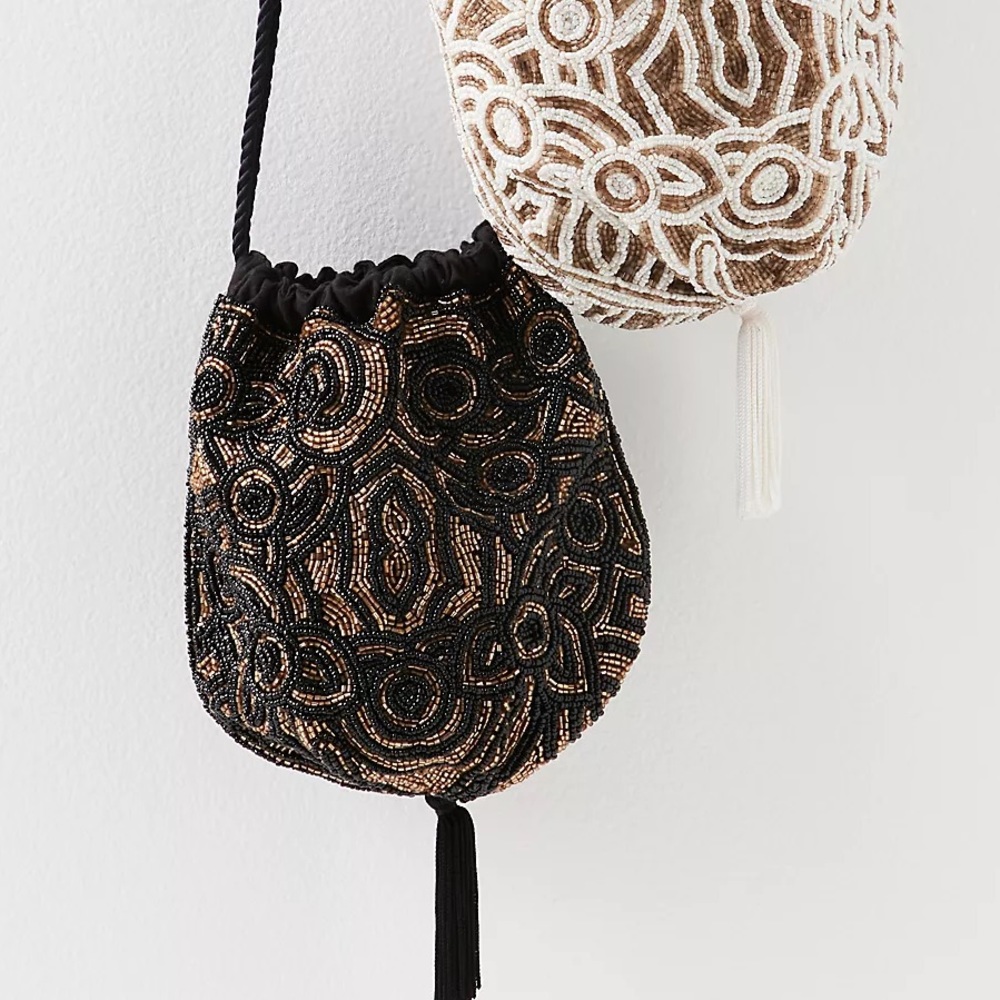 New Free People Geometric Glass Beaded Pouch Black Gold Drawstring Bucket Bag